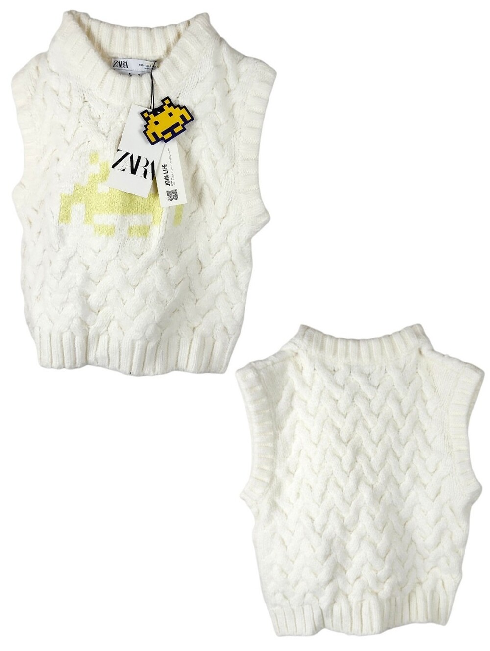 Zara Womens Jacquard Space Invaders chunky Cable Knit Sweater Vest White Size S